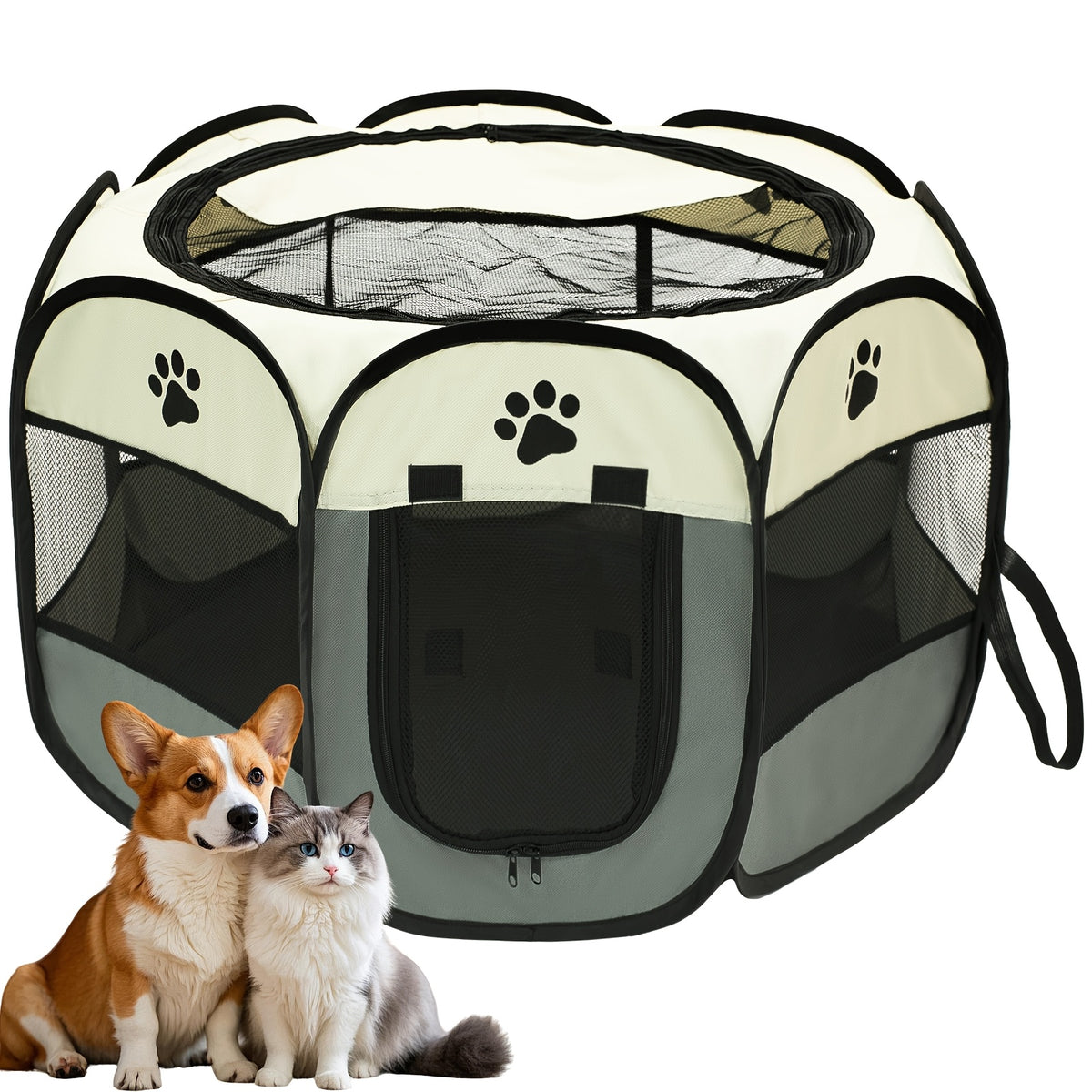 Collapsible Pet Playpen with Mesh Windows and Removable Zipper Top, Octagonal Oxford Fabric Enclosure for Dogs and Cats, Gray or Brown Indoor Outdoor Pen