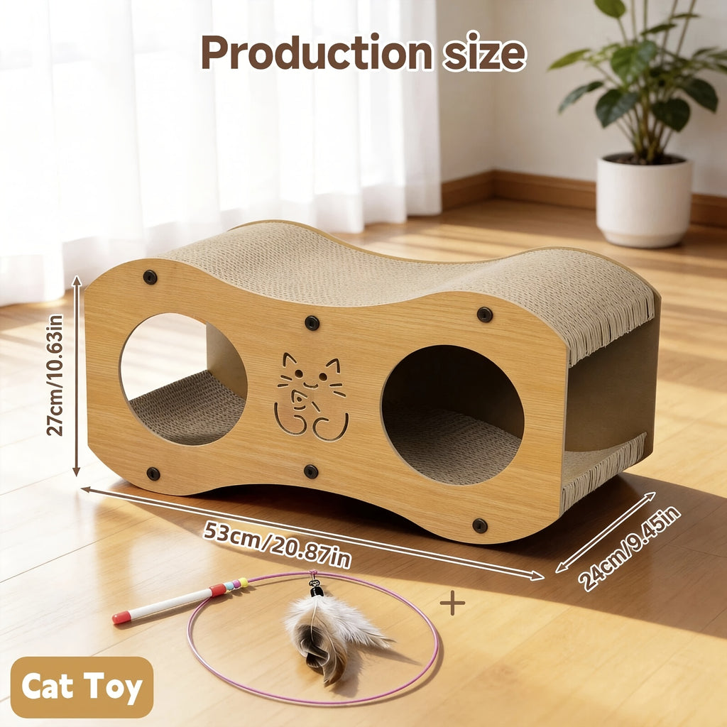 Cat Scratching Post with Integrated Bed and Woven Scratch Pad, Indoor Cat Lounging and Play Furniture with Cat Toy, Oak or Walnut Color Options