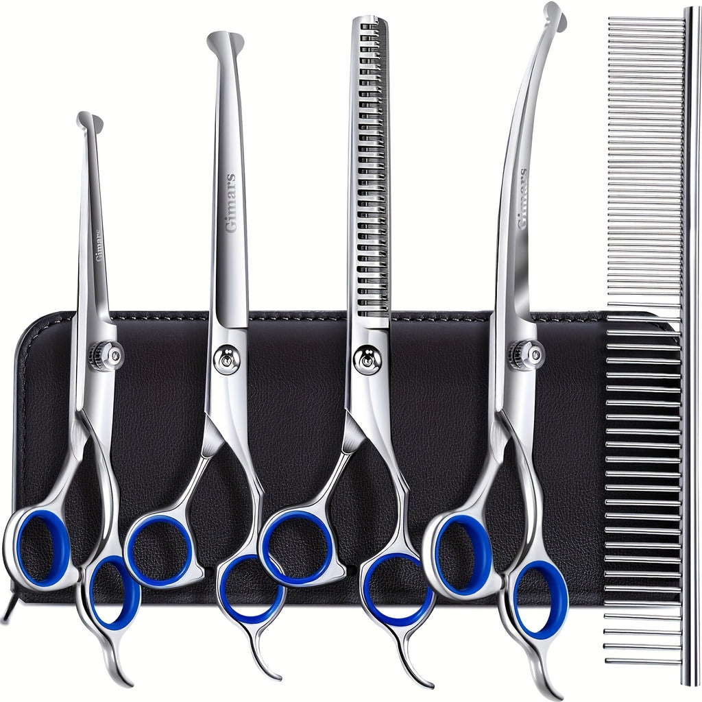 Pet Grooming Scissors 6-Piece Set with Titanium-Coated 4CR Stainless Steel and Rounded Tips, Manual Coat Trimming Tools for Dogs and Cats