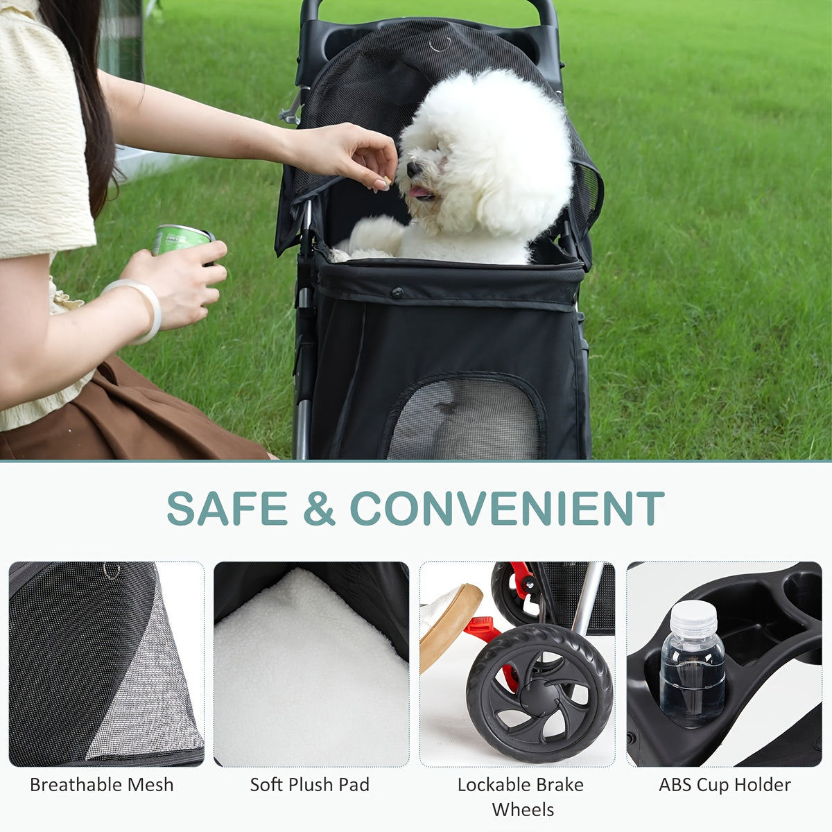 Pet Stroller with Swivel Front Wheel, Three-Wheel Foldable Dog and Cat Pushchair with Mesh Canopy, Storage Basket, Cup Holder and Weather Cover