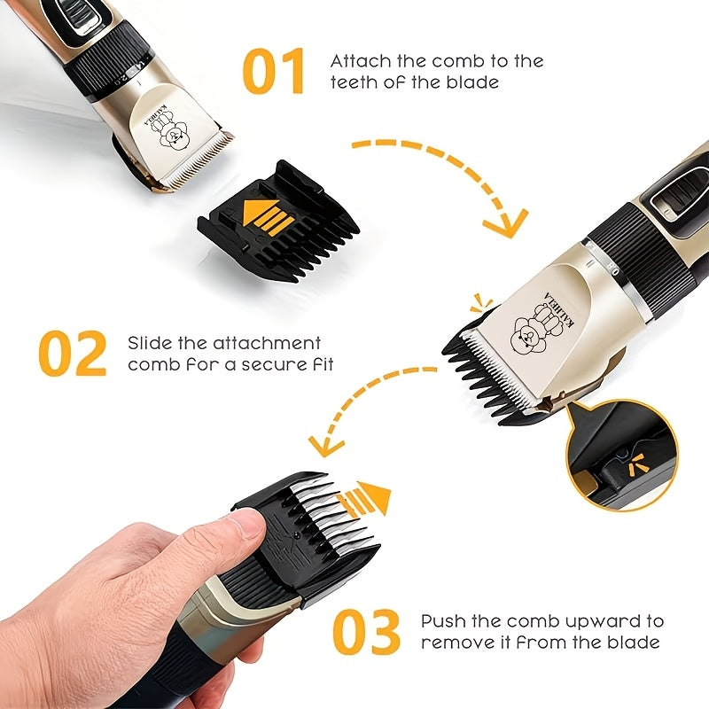 Electric Pet Clippers for Dogs and Cats, Rechargeable Low-Noise Hair Trimmer for At-Home Grooming with Three Gold Grooming Set Options