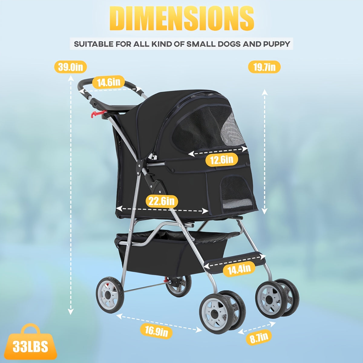 Pet Stroller with Four-Wheel Layout, Folding Frame and Mesh Canopy, Dog and Cat Pushchair with Storage Basket, Cup Holder and Removable Liner