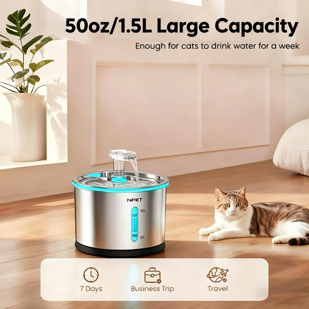 Stainless Steel Cat Water Fountain 50oz 1.5L, NPET WF210 Quiet Pet Drinking Dispenser with LED Water Level Window and Filter Bundle Options