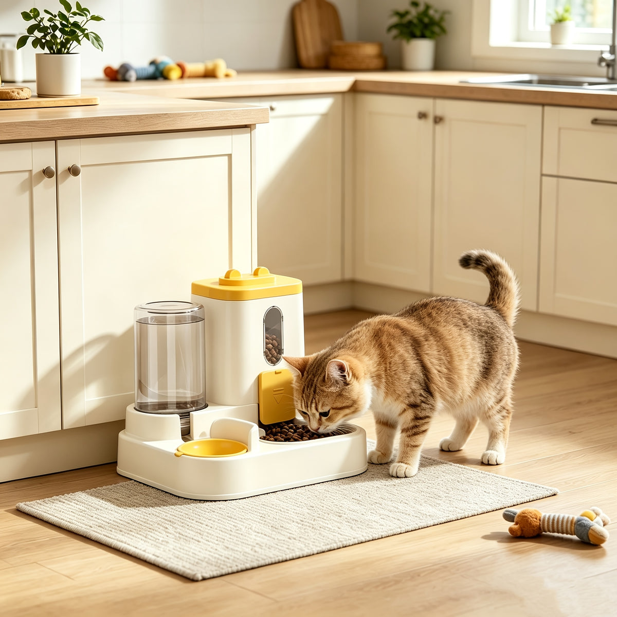 Automatic Pet Feeder 2-in-1 for Cats and Dogs, Non-Electric Space-Saving Feeding Station for Daily Pet Care in Pink, Grey or Light Yellow