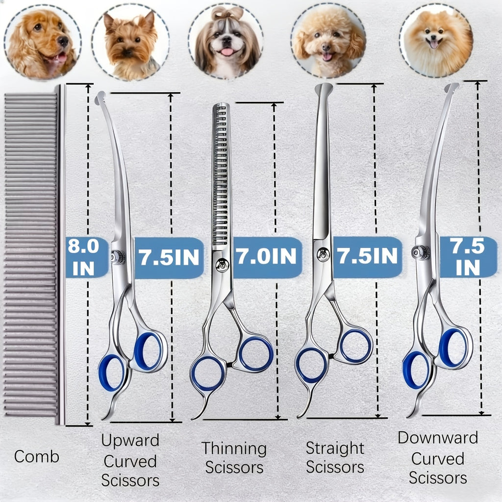 Rounded Tip Dog Grooming Scissors Kit, 7-Piece Stainless Steel Set with Straight, Thinning and Two Curved Shears, Comb, Cleaning Cloth and Storage Bag