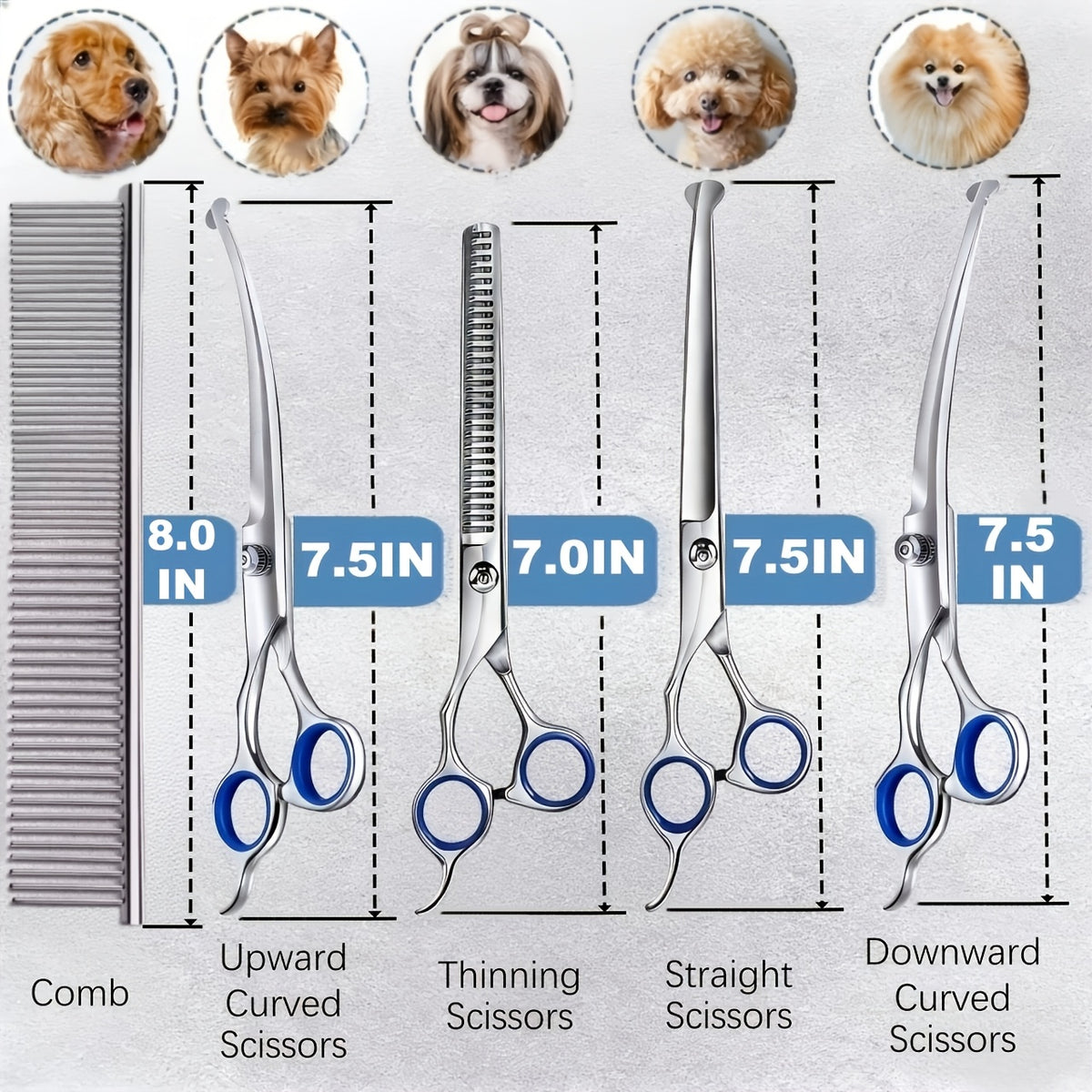 Rounded Tip Dog Grooming Scissors Kit, 7-Piece Stainless Steel Set with Straight, Thinning and Two Curved Shears, Comb, Cleaning Cloth and Storage Bag