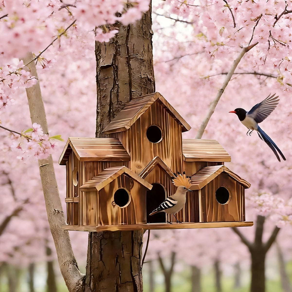 Rustic Outdoor Birdhouse in Dark Brown, Wooden Country Cottage Design with Multiple Entry Openings and Pitched Roofs for Garden and Yard Decor