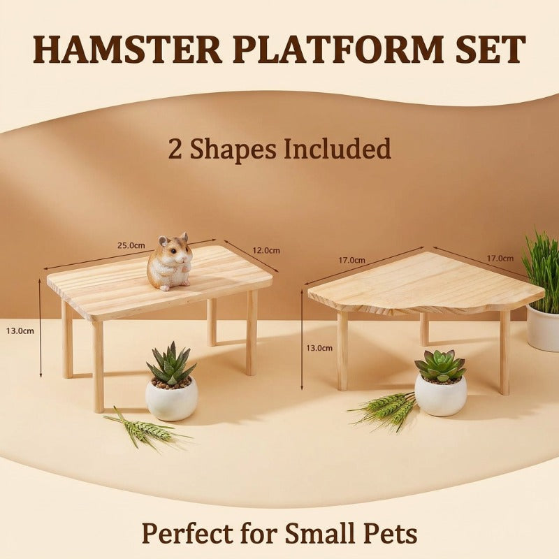 Wooden Hamster Platforms 2 Pack, Small Pet Cage Accessories for Climbing, Playing and Resting, Wood Color Habitat Decor for Golden Hamsters