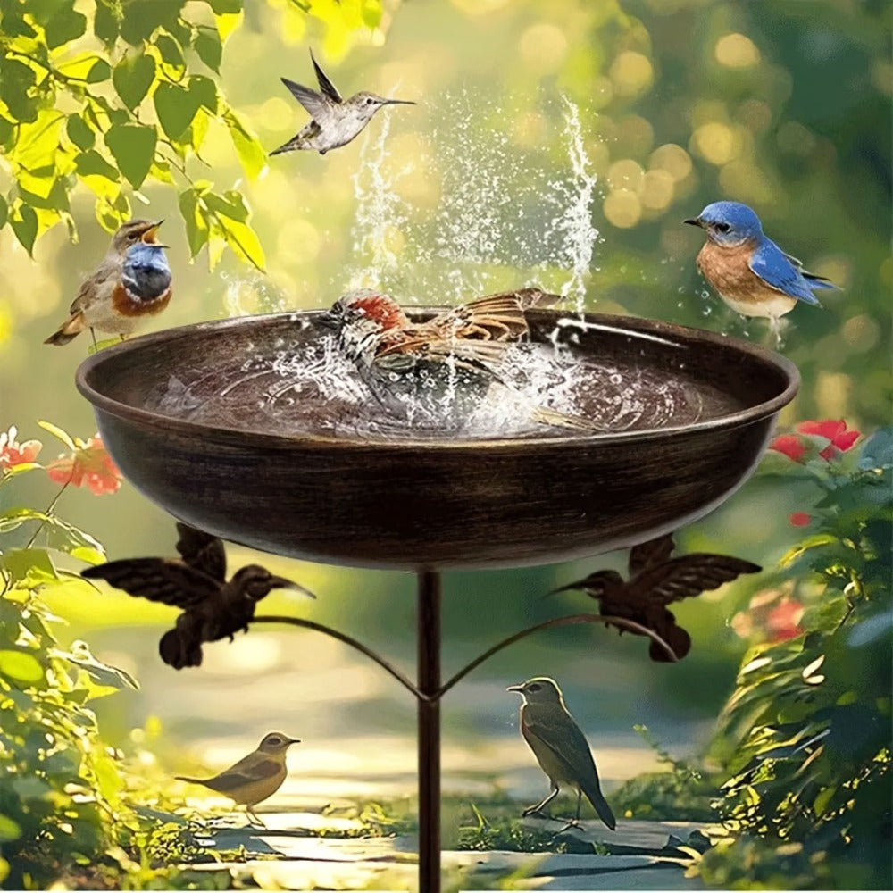 Standing Metal Bird Bath in Copper Tone with Bird Accent, Vintage Bowl-Shaped Outdoor Water Basin for Garden, Yard, Patio and Lawn Decor