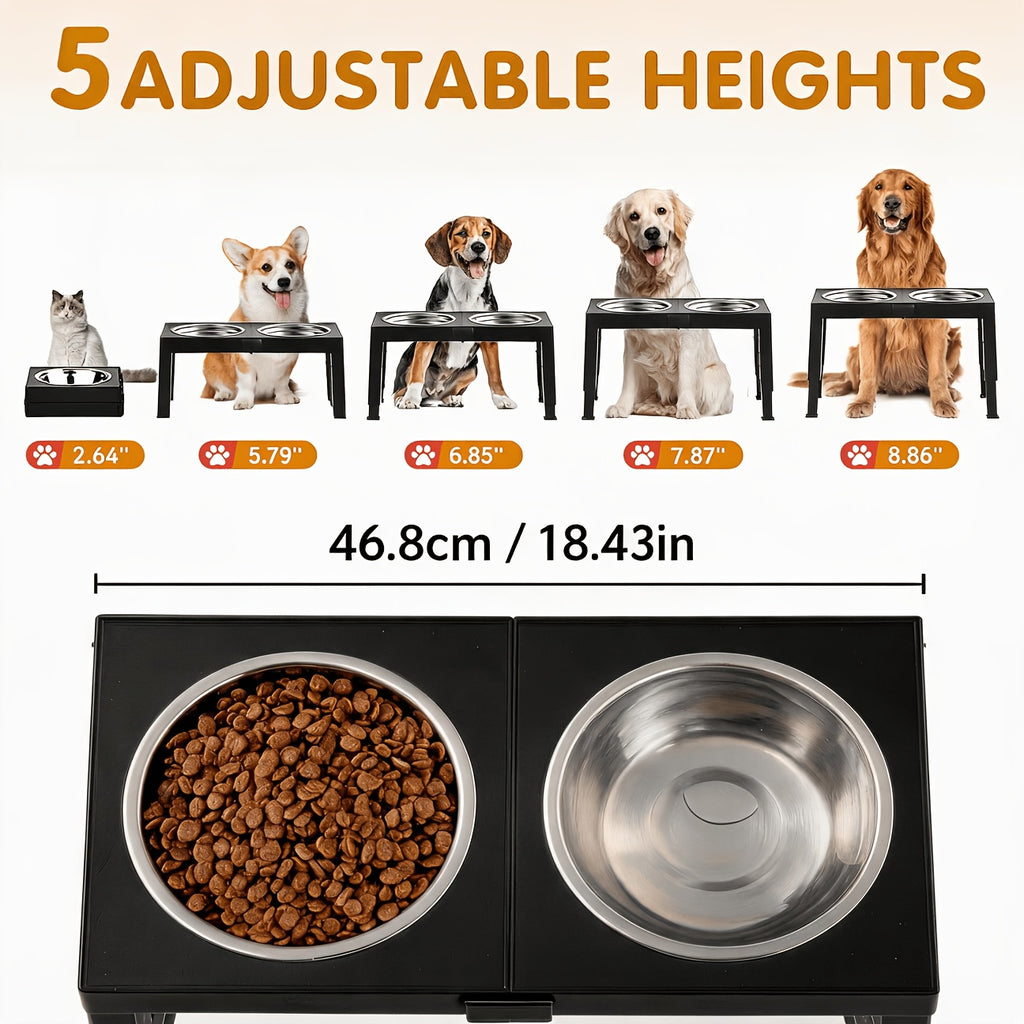 Raised Dog Food and Water Bowls with 4-Height Adjustable Stand, Two Stainless Steel Bowls at 9, 11, 12 or 14 Inches in Four Color Options