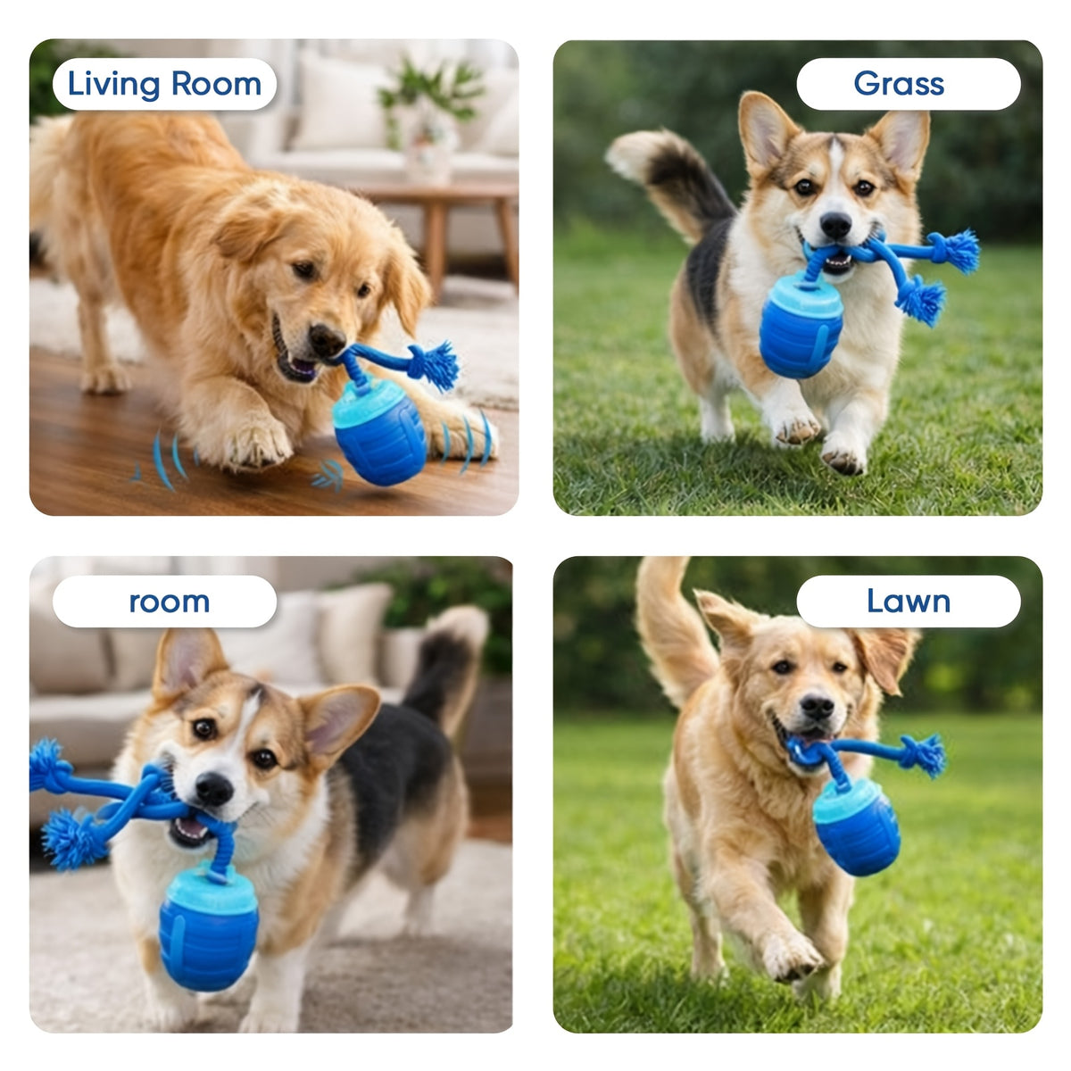 Smart Dog Toy Ball JY661 for Medium and Large Dogs, Interactive Ball and Rope Play Toy for Supervised Indoor Hardwood Floor and Outdoor Carpet Activities