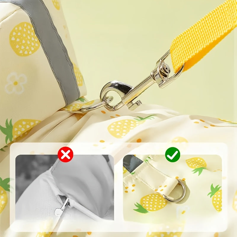 Dog Raincoat with Four-Leg Coverage, Reflective Strip, Extended Brim & Snap Closure for Rainy Walks, Pink Strawberry or Yellow Pineapple