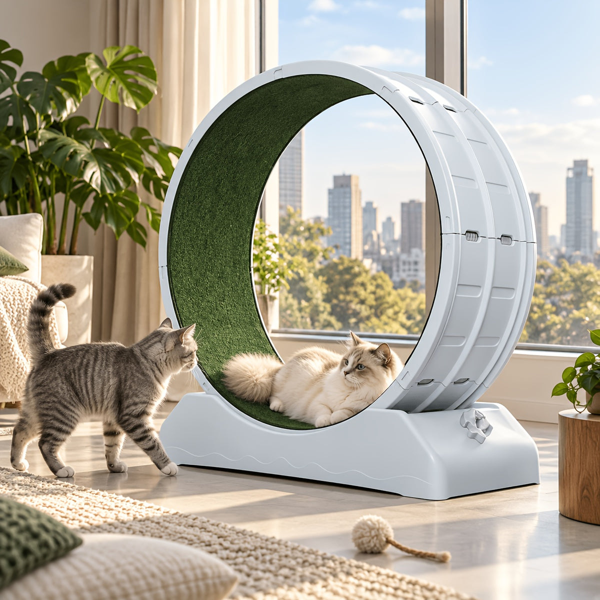 33 Inch Cat Exercise Wheel with Carpeted Runway, Plastic Indoor Cat Treadmill for Supervised Activity, Includes Whistle in Grey, Blue or Green
