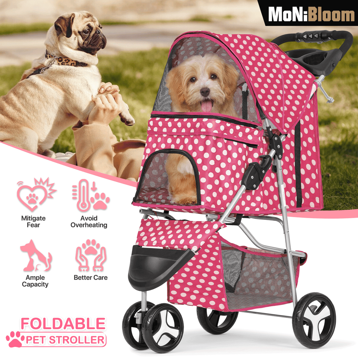Three-Wheel Dog Stroller with Weather Cover, Foldable Mesh Pet Pushchair for Small Dogs and Cats, Storage Basket, Cup Holder and 10 Style Options
