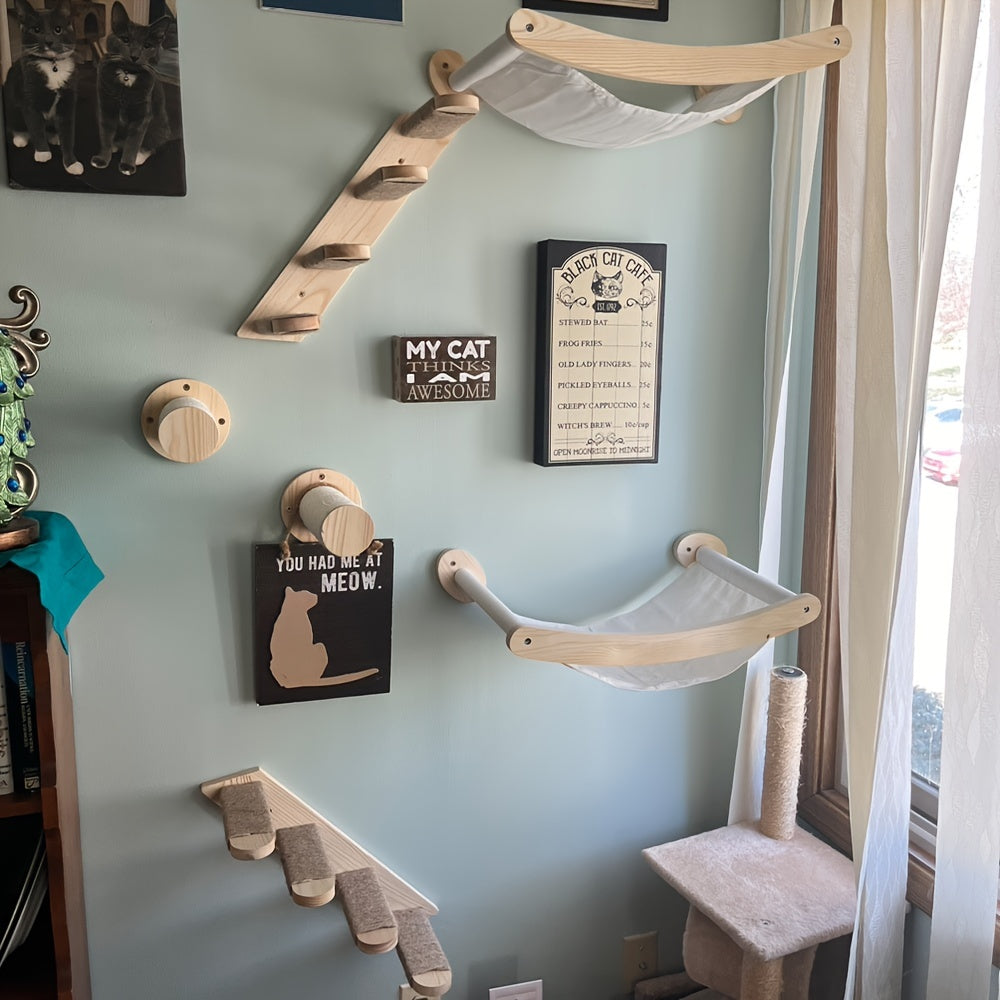 Cat Wall Hammock and Steps Set, Wall-Mounted Four-Step Sisal Climbing Furniture with Modern Hammock or Corner Perch Options for Indoor Cats
