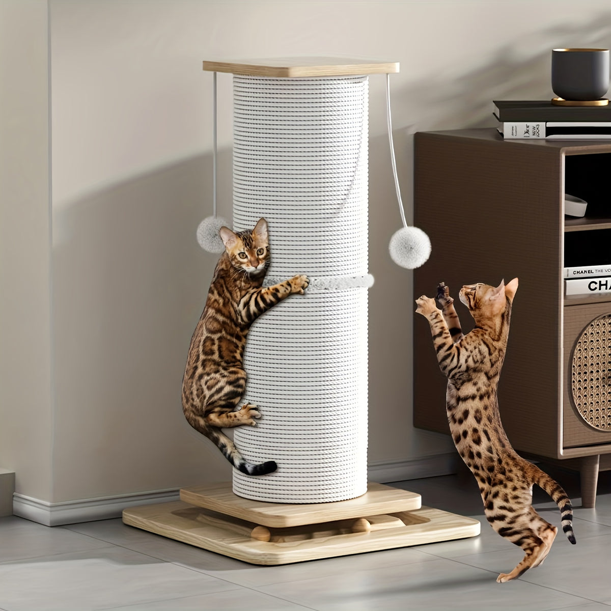Cat Scratching Post 30 Inch with 6.3-Inch Sisal Column, Wooden Ball Track Base and Hanging Plush Toys for Indoor Cat Scratching and Play