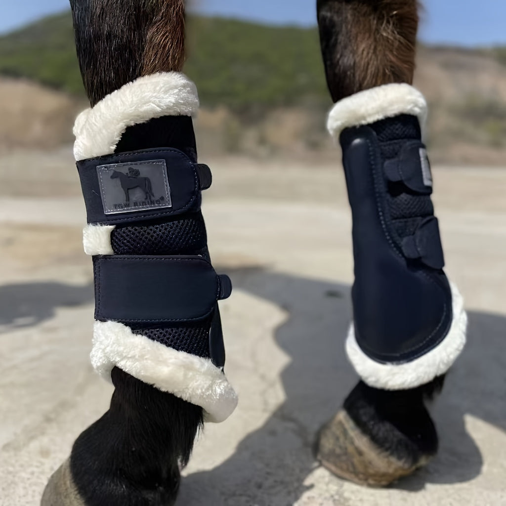 Horse Leg Wraps 1 Pair in Navy Blue, Breathable Mesh and Faux Leather Quick-Fit Equestrian Gear for Training and Jumping, S to XL Size Options