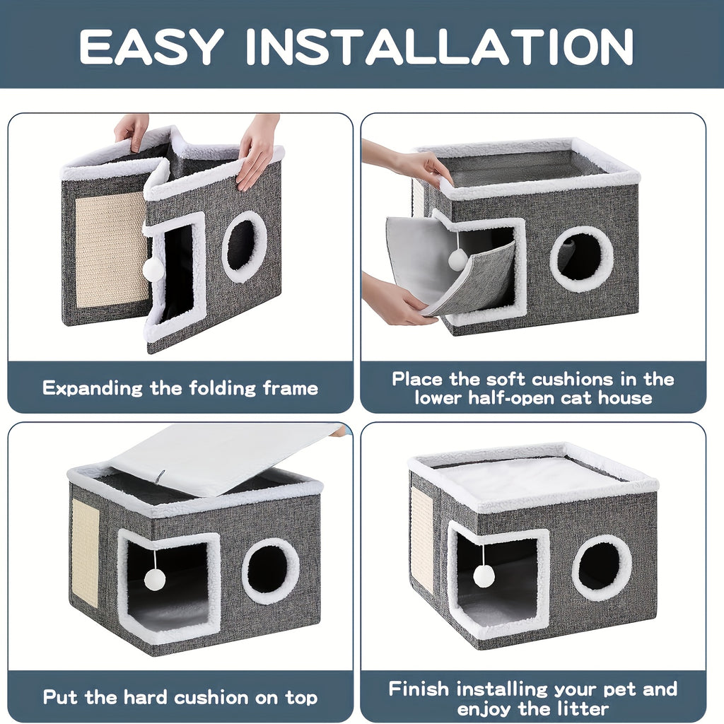 Cat House Cube with Scratching Panel, Foldable Gray Indoor Cat Bed with Top Lounge, Cozy Hideaway, Soft Cushion and Hanging Toy Ball