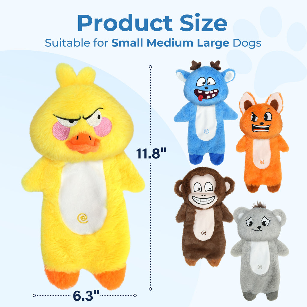 Stuffless Dog Toy Bundle, 5-Piece Squeaky Animal Plush Set with Cotton Rope, Machine Washable Toys for Supervised Fetch and Interactive Play