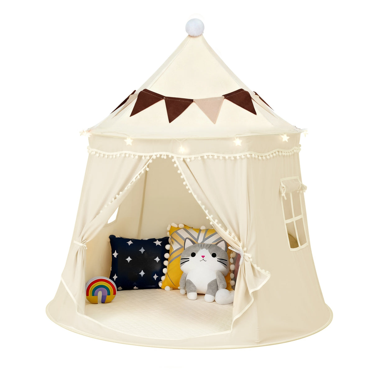Pop Up Pet Tent for Dogs and Cats, Portable Dome Shelter with No Assembly for Camping and Road Trips, Basic or Mat, Star Lights and Flag Set