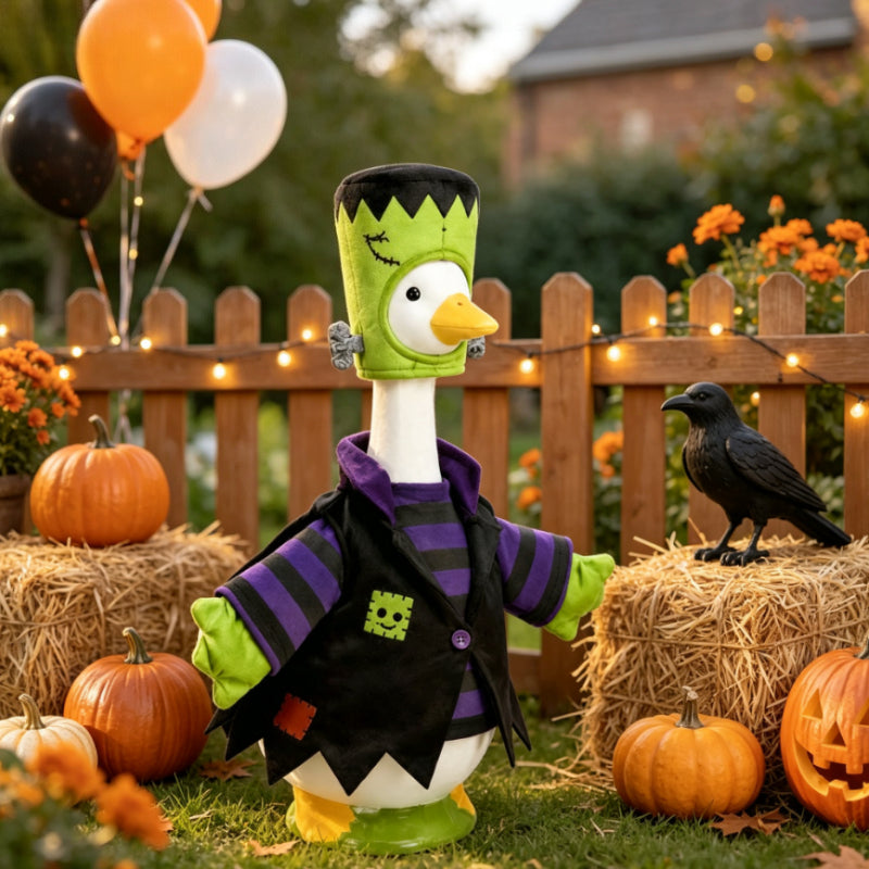 Porch Goose Monster Outfit for 23-Inch Statues, Halloween Costume with Wizard Hat and Cape for Seasonal Entryway and Lawn Goose Decor