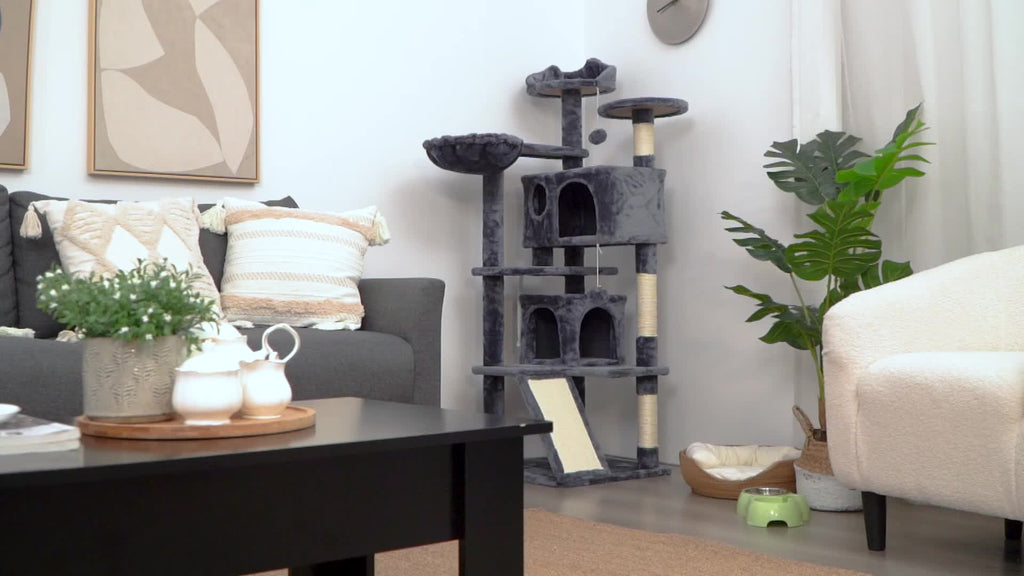 Cat Tree 57 Inch with Two Condos, Plush Multi-Level Indoor Kitten Tower with Round Platform, Ladder and Dangling Ball for Small Cats