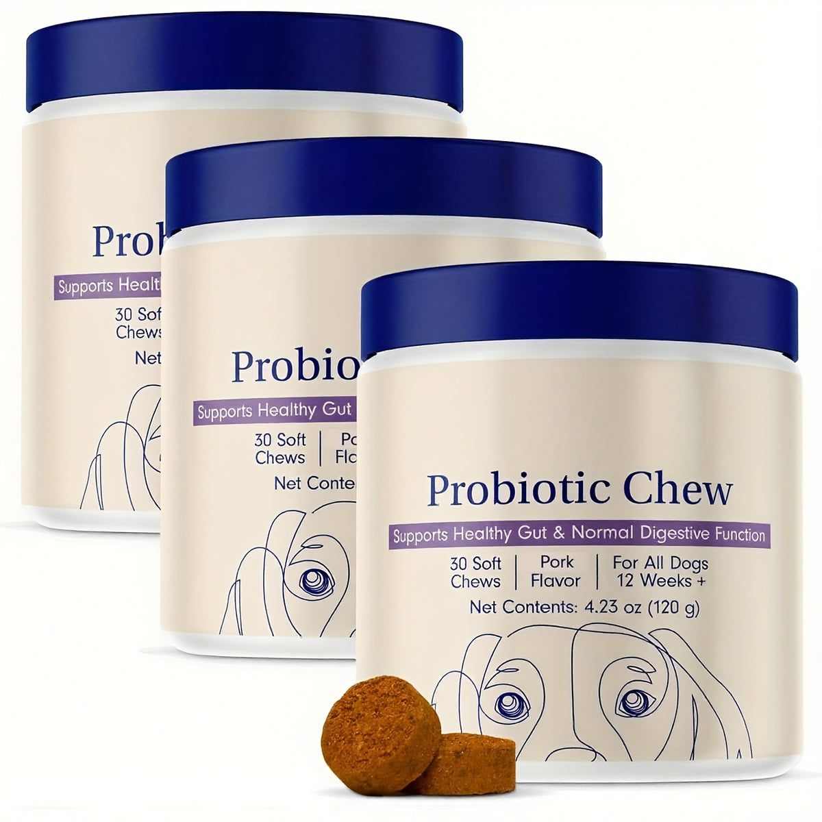 Probiotics for Dogs Nutritional Supplement, Promotes Digestion and Absorption, Canine Gut Health Tablets for All Breeds, 12.69 oz 90 Tablets, 3-Pack Daily Digestive Support for Puppies and Adult Dogs