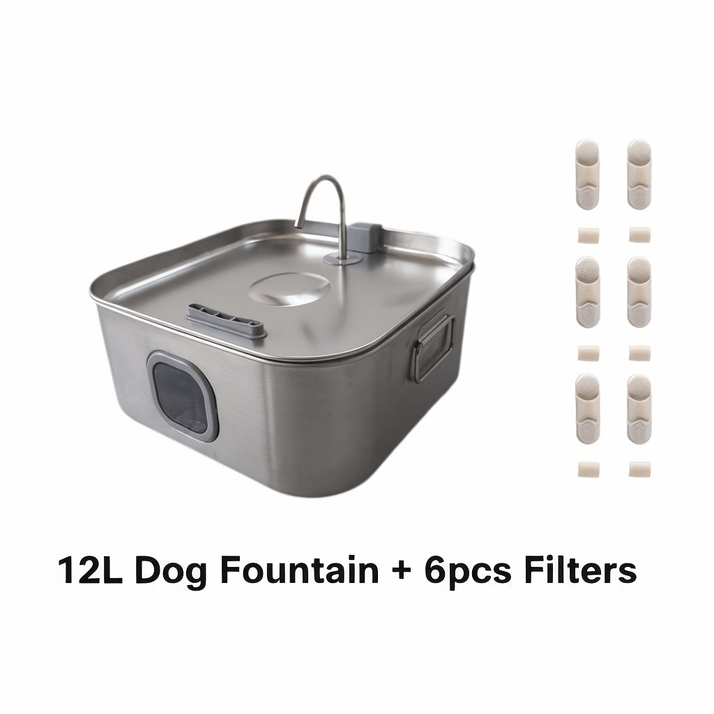 Stainless Steel Dog Water Fountain 12L 3.2 Gal for Large Dogs and Multi-Pet Homes, Ultra Quiet Pet Water Dispenser with Water Level Window, Dry Burn Protection and Red Blue Indicator Lights, Easy to Clean, Without Battery