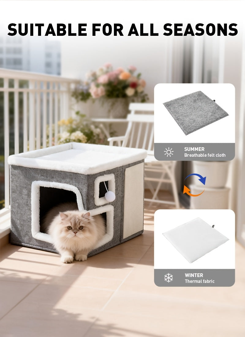 Cat House with Scratching Box, Large Light Gray 3-in-1 Indoor Cat Condo Cube with Wooden Structure and Ottoman-Style Hideaway for Sleep and Play
