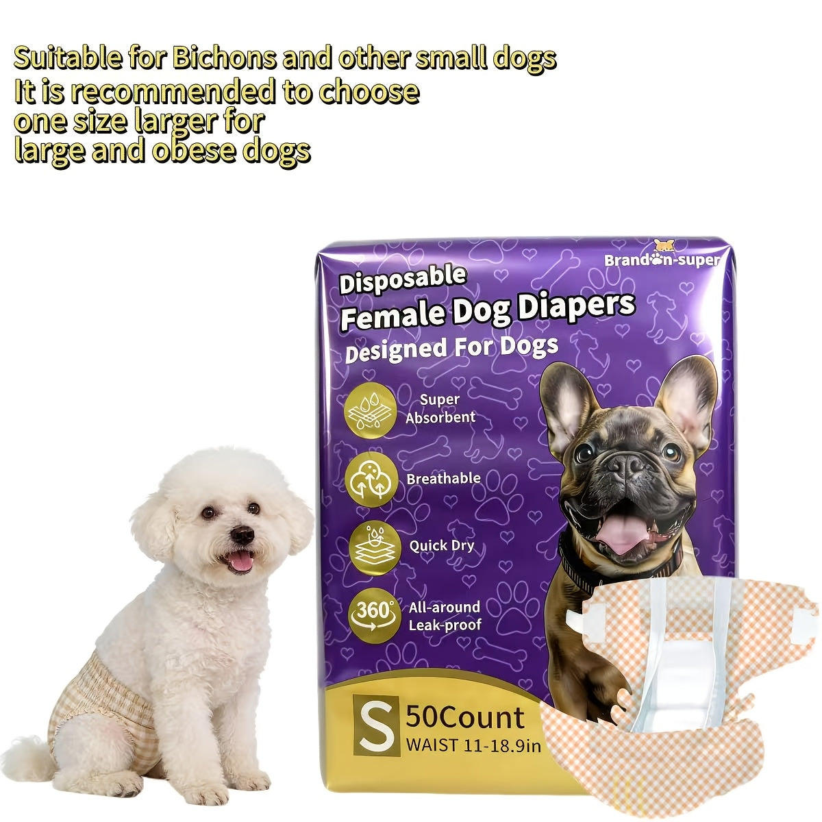 Absorbent Disposable Dog Diapers 50 Pack, Male and Female Style Options in XS to L for Puppies, Senior Dogs and Everyday Accident Care