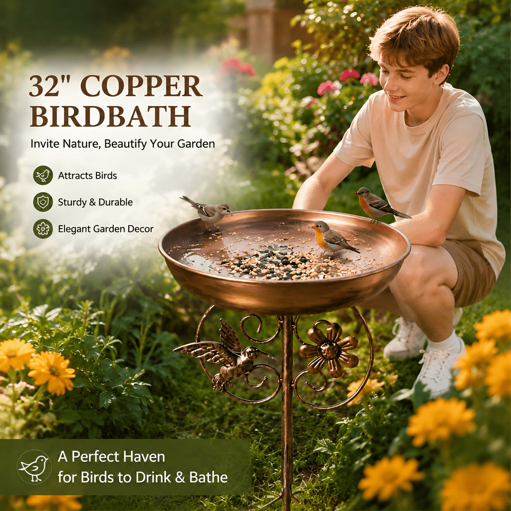 Bird Bath with Sunflower and Hummingbird Accents, Bronze Metal Outdoor Basin with 5-Claw Ground Stake for Garden and Backyard Decor, No Fountain