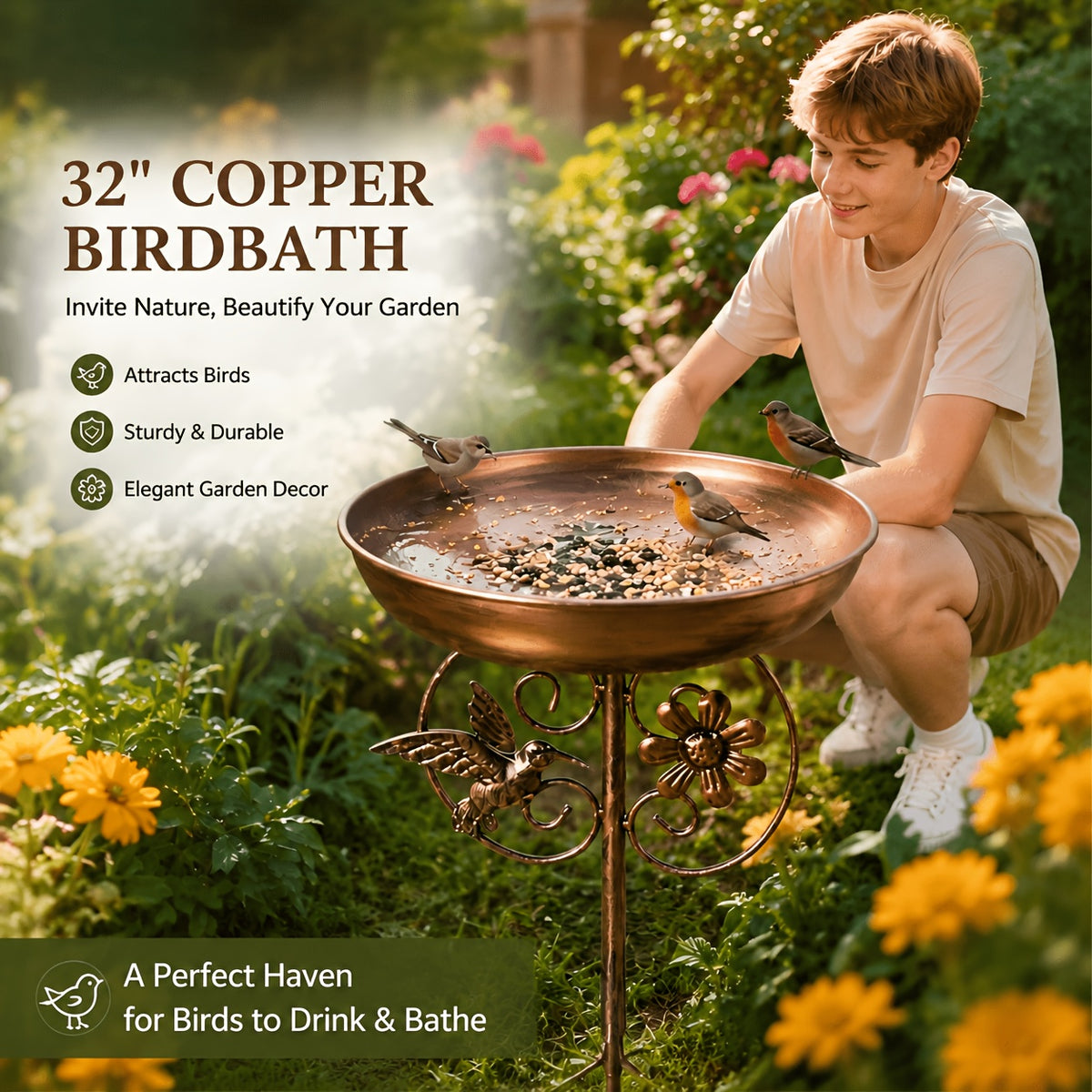 Bird Bath with Sunflower and Hummingbird Accents, Bronze Metal Outdoor Basin with 5-Claw Ground Stake for Garden and Backyard Decor, No Fountain