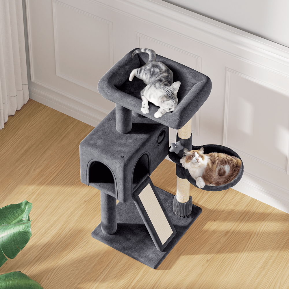 Compact Cat Tree 36 Inch with Hammock and Condo, Plush Indoor Cat Tower with Sisal Scratching Post, Scratching Board and Hanging Ball, Two Gray Colors