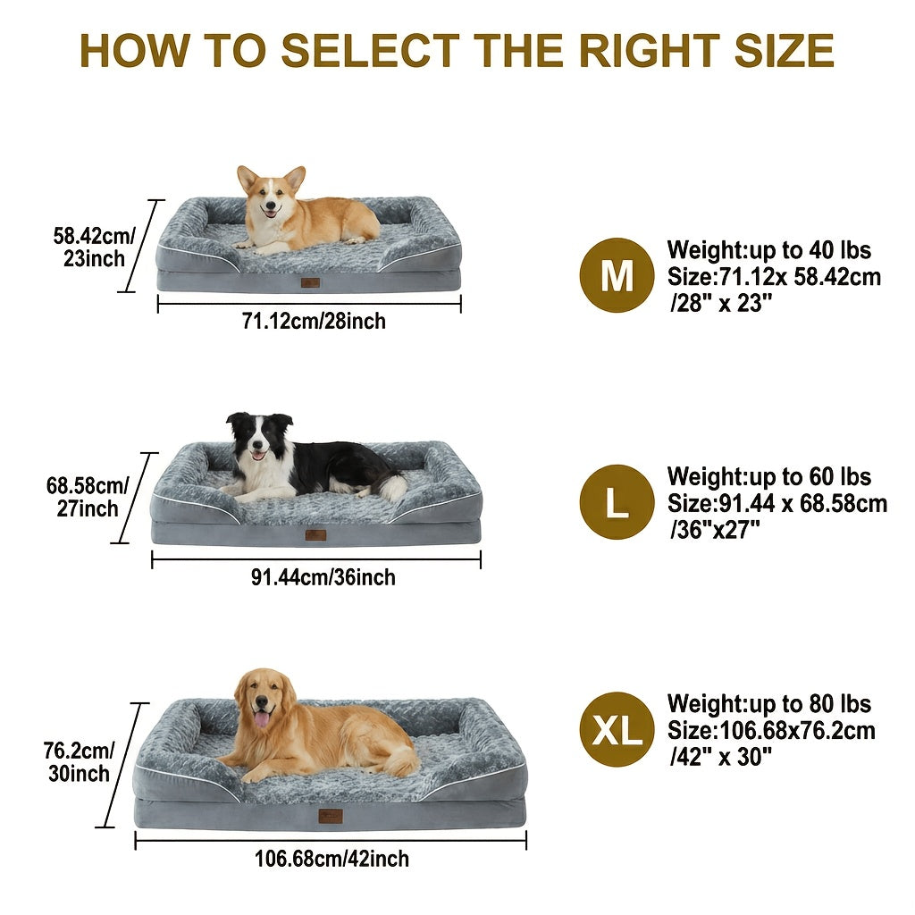 Extra Large Dog Sofa Bed with C-Shaped Bolsters, Removable Washable Plush Cover and Non-Skid Bottom, Grey Pet Couch with 20 to 71 Inch Size Options