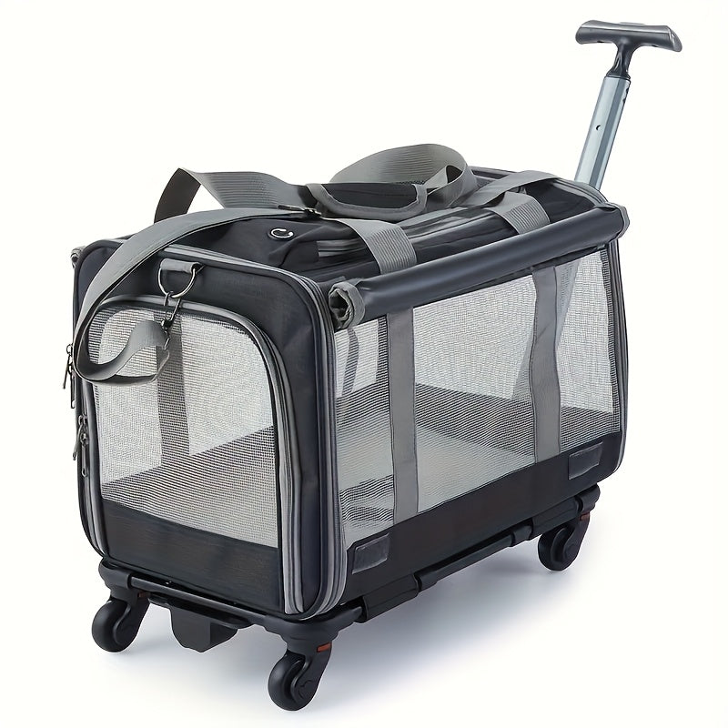 Rolling Pet Carrier Backpack with Telescoping Handle, Ventilated Oxford Cloth Travel Trolley with Zipper Closure and 360° Swivel Wheels
