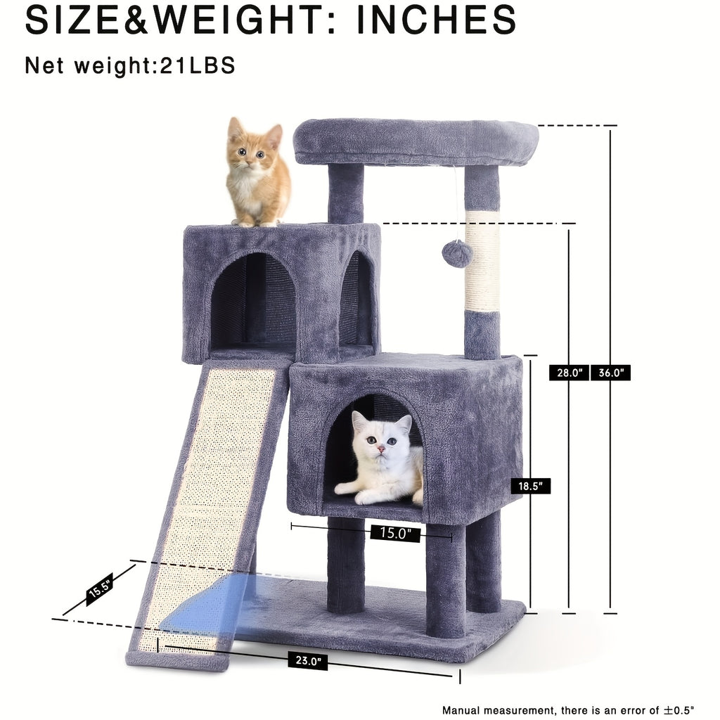 Cat Tree with Double Condos and Ramp, 36 Inch Plush Indoor Cat Tower with Top Perch, Sisal Scratching Posts and Dangling Ball, Three Colors