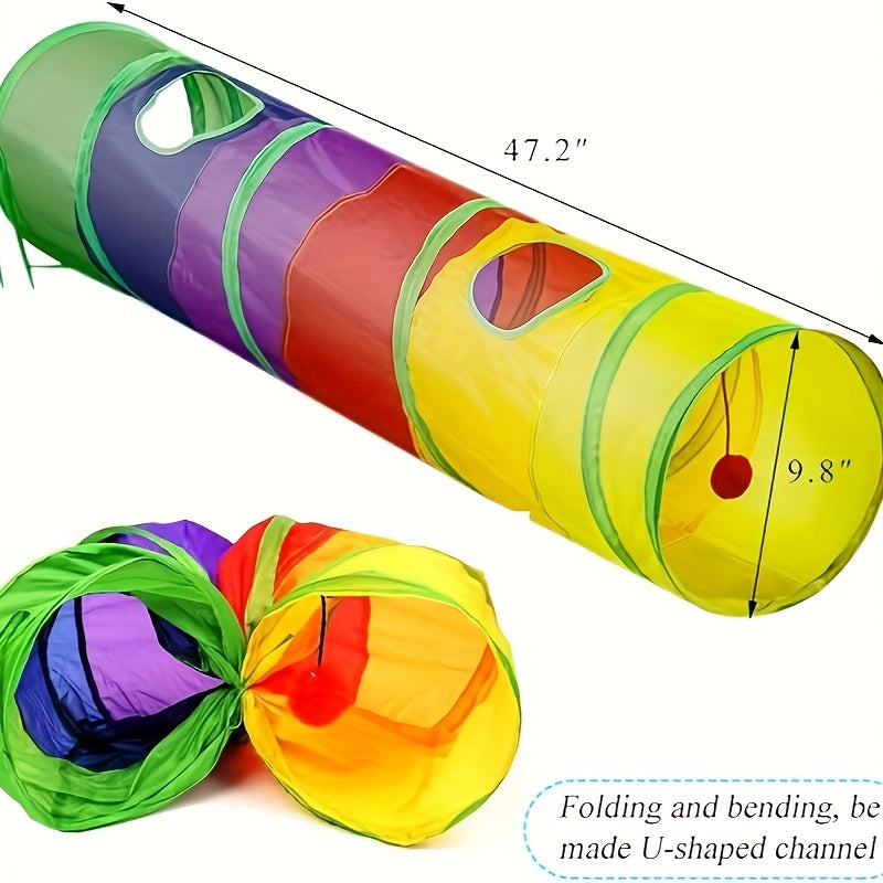Rainbow Cat Play Tunnel, Collapsible S-Shaped or 3-Way Tubes with Peek Holes and Ball Features, Single or Two-Pack Options for Indoor Cat Play
