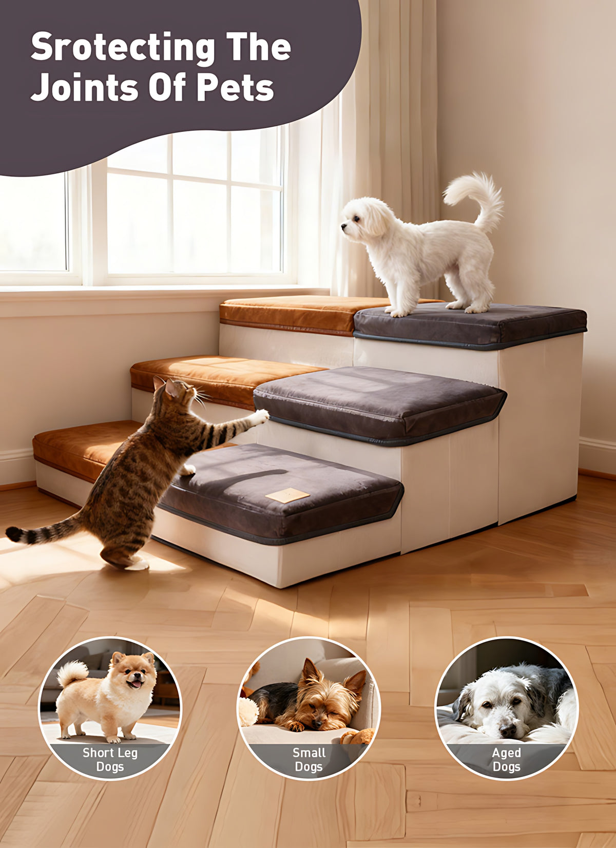 Foldable Dog Stairs with Storage Ottoman Design, Soft Cushioned Non-Slip Pet Steps for Bed and Couch, 3/4-Step Styles with Chicken Leg Plush Toy