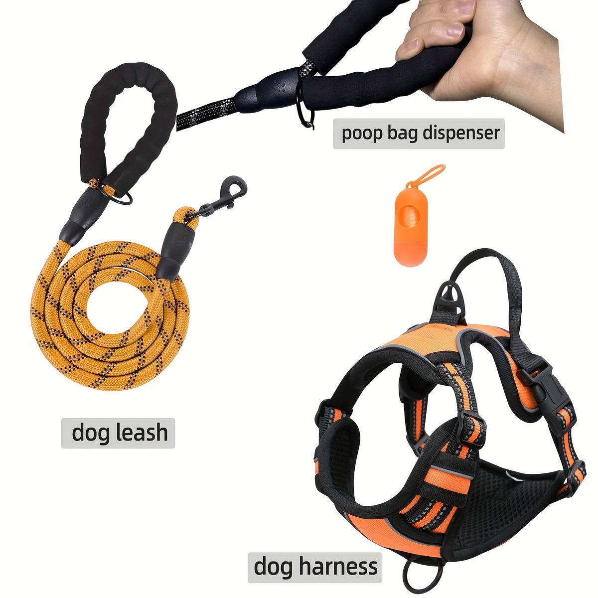 Dog Harness Set 3-in-1 with Reflective Walking Vest, Leash and Poop Bag Holder, Everyday Outdoor Walking Gear in Seven Colors with S to XL Size Options