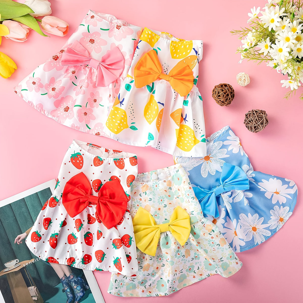 Small Dog Dress Set, 5-Style Floral and Bow Princess Puppy Clothes for Summer Dress-Up, Birthday Photos and Pet Parties, Pink XS–XXL