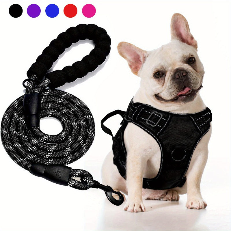 Oxford Dog Harness and Rope Leash Set, Adjustable Reflective Mesh-Padded Walking Vest with Four Fit Points and 5-Foot Padded-Handle Lead, S to XL