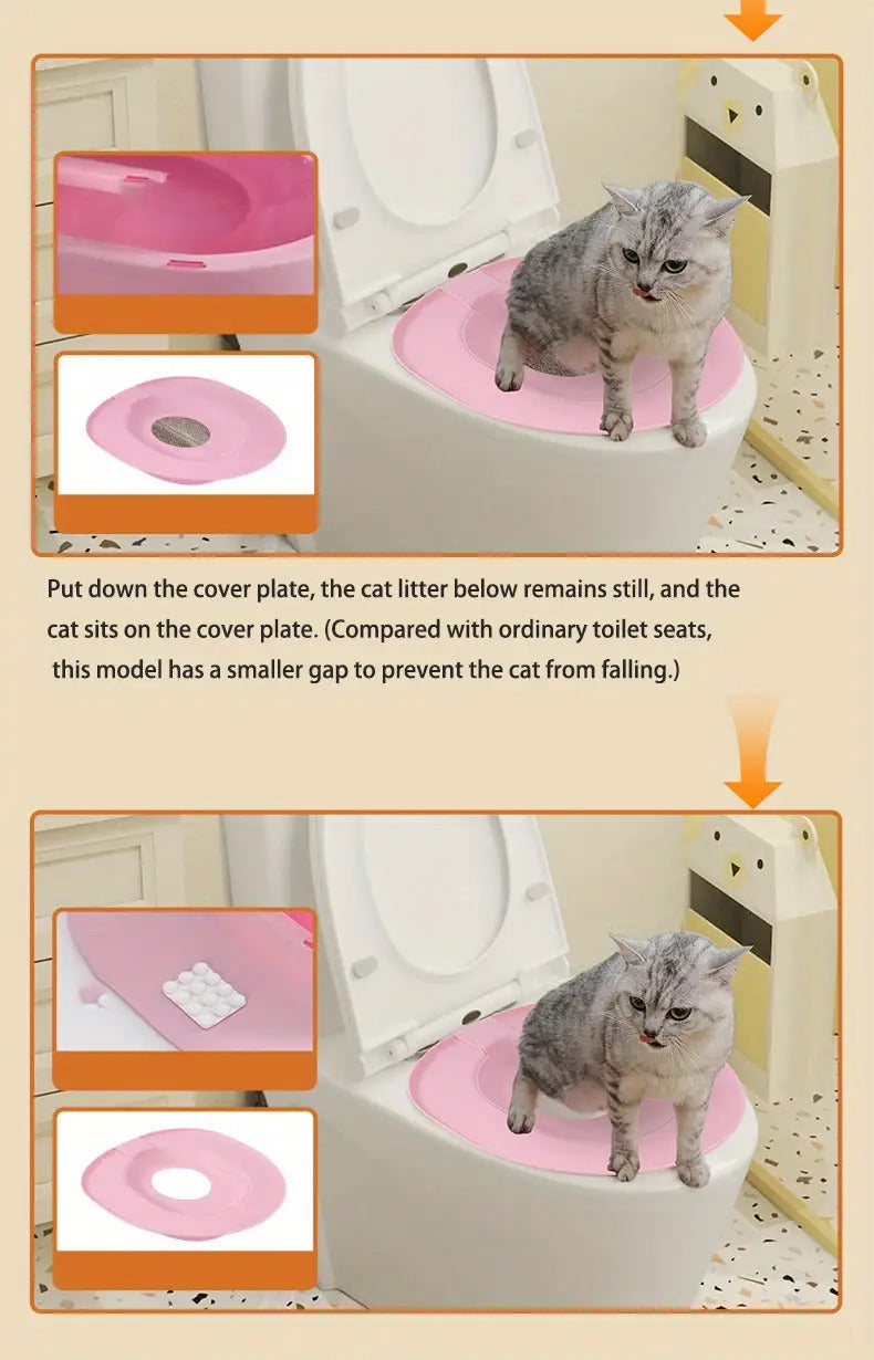 Cat Toilet Training Seat with Oval Design, Easy-Clean Bathroom Training Tray in Pink, Blue or Yellow with Two Toilet Stickers per Selected Color Option