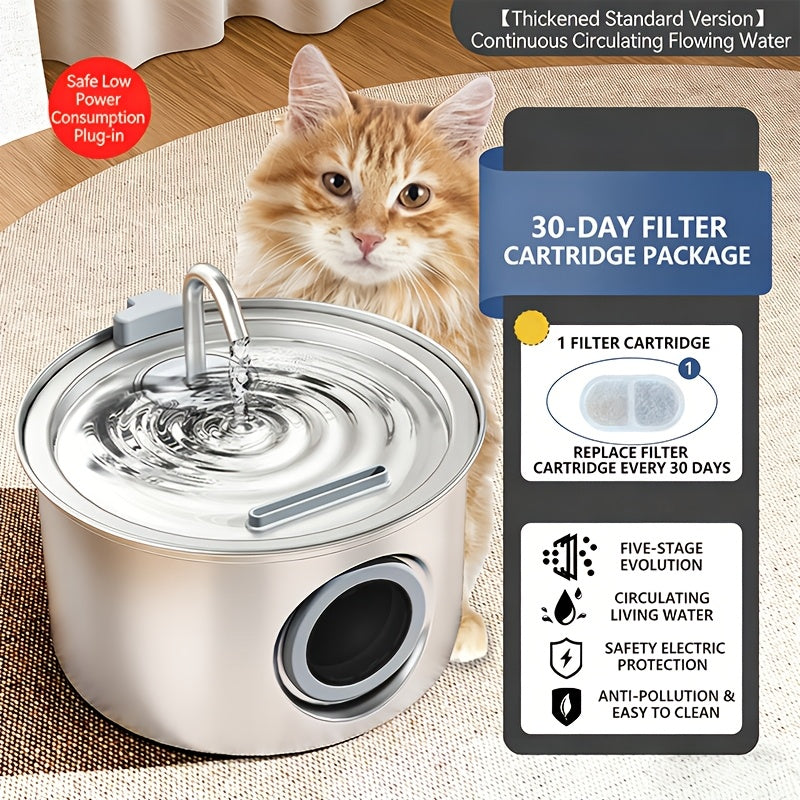 Dog Water Fountain 74oz 2.2L, Quiet 304 Stainless Steel Pet Drinking Dispenser with Large Water Level Window, Easy-Clean Design and Filter Bundle Options