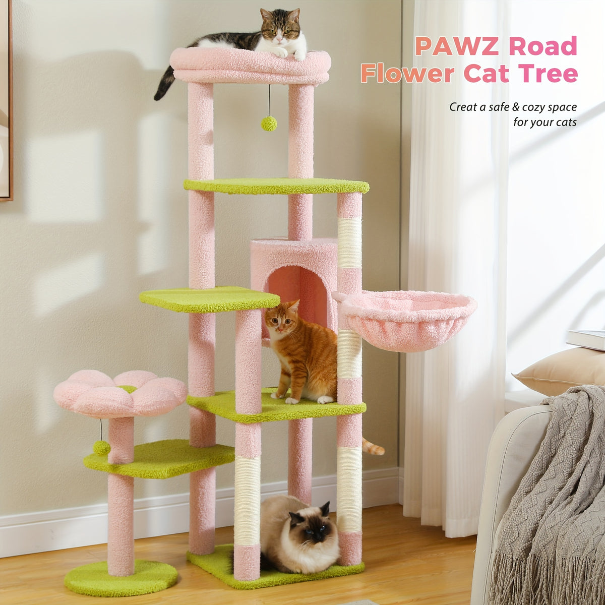 Cat Tree with Twin Perches and Large Hammock, Multi-Level Indoor Cat Tower with Condo Hideaway, Sisal Scratching Posts and Cactus Green Color Option