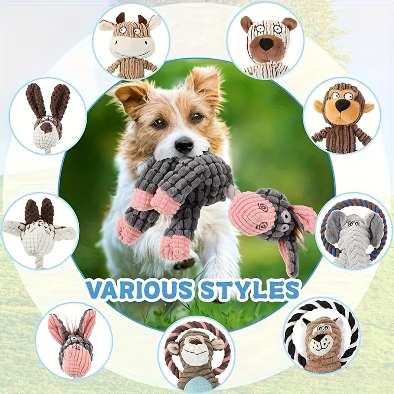 Squeaky Dog Toy Assortment with Rope and Plush Animal Designs, Random 6, 8 or 10 Piece Packs for Supervised Gentle Tug and Interactive Play