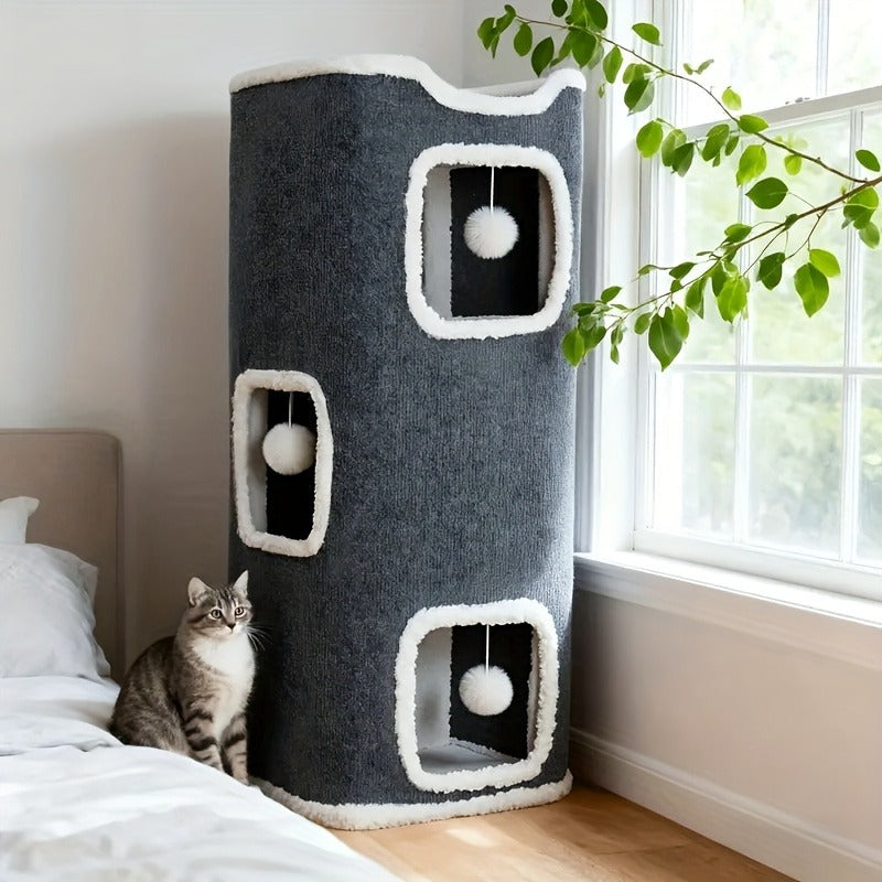 Cat Condo Tower with Foldable Design, Gray Indoor Cat Hideaway with Top Lounge, Detachable Panels and Scratching Surface, DC 13IN or 23IN-M Options