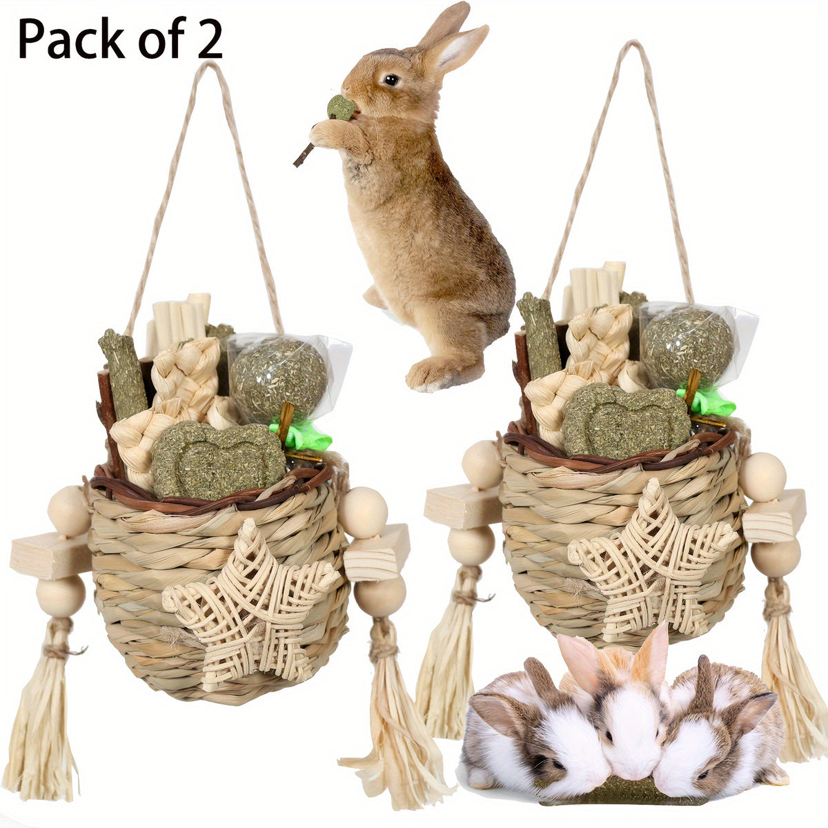 Rabbit Chew Toys with Sweet Bamboo and Timothy Hay Sticks, Basket Pack of 2 for Bunnies and Hamsters, Supervised Small Pet Enrichment and Play