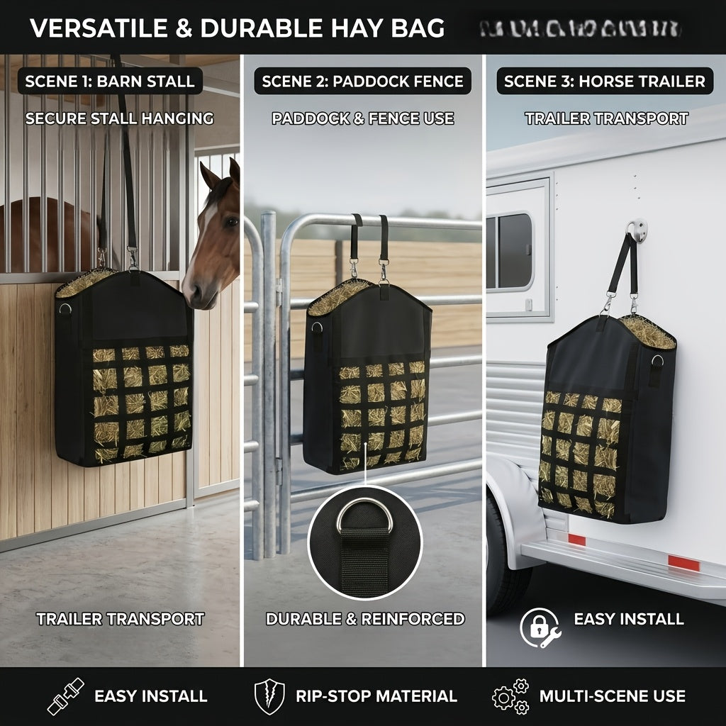 Hanging Hay Feeder Bag for Horses, Goats and Sheep, Open-Top Forage Holder with Grid Feeding Panel for Barn Stalls, Fences and Trailers