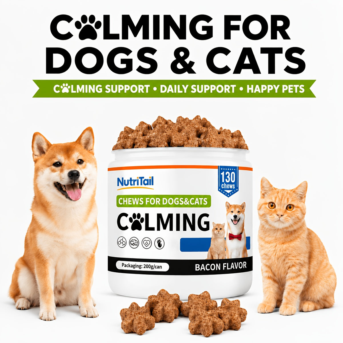 Pet Skin Care Chews for Dogs and Cats, NutriTail 200g Skin Chews with 130-Count Labeling, Probiotic and Quiet Moment Options for Daily Care