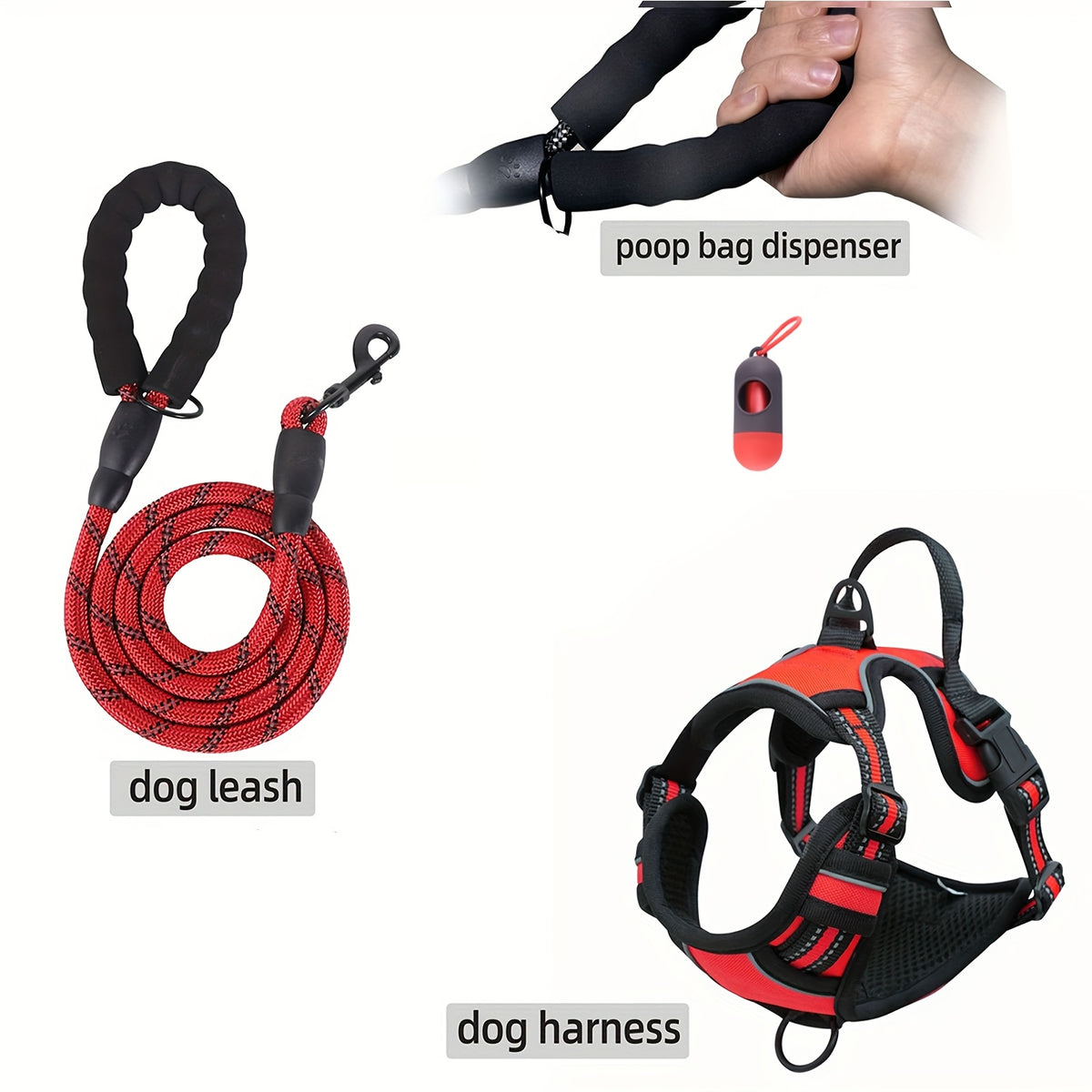Dog Harness Set 3-in-1 with Reflective Walking Vest, Leash and Poop Bag Holder, Everyday Outdoor Walking Gear in Seven Colors with S to XL Size Options